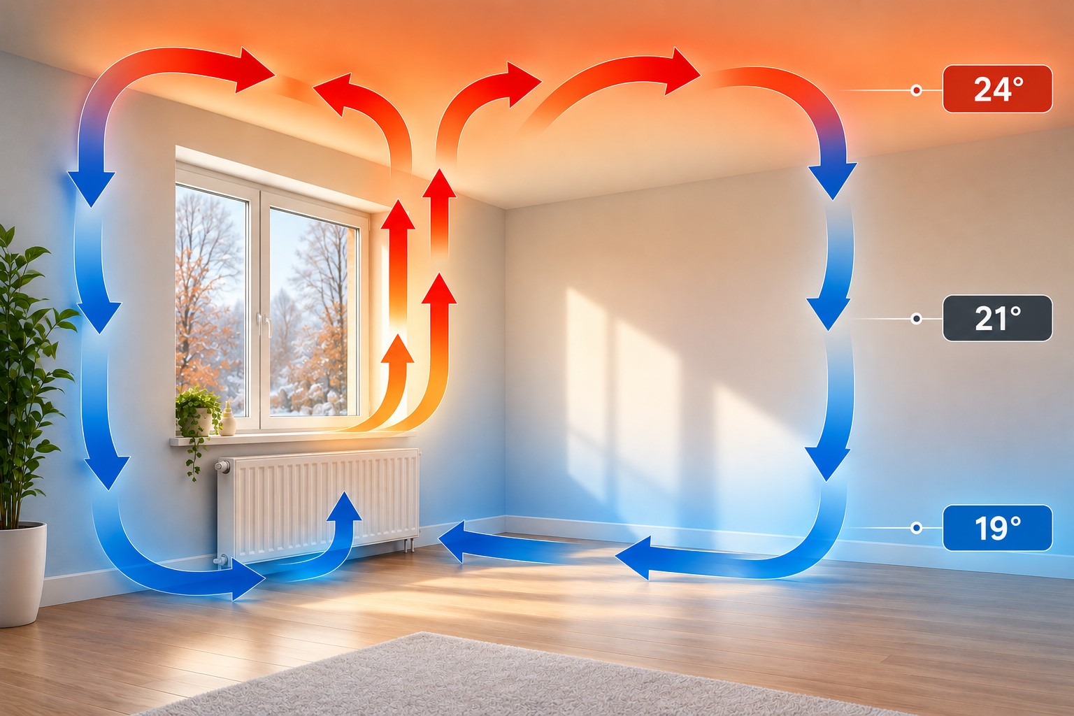 Schematische Darstellung der natürlichen Raumluft-Konvektion